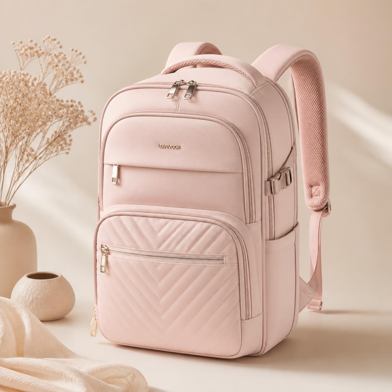 LunaPack pink female travel backpack on a cream background