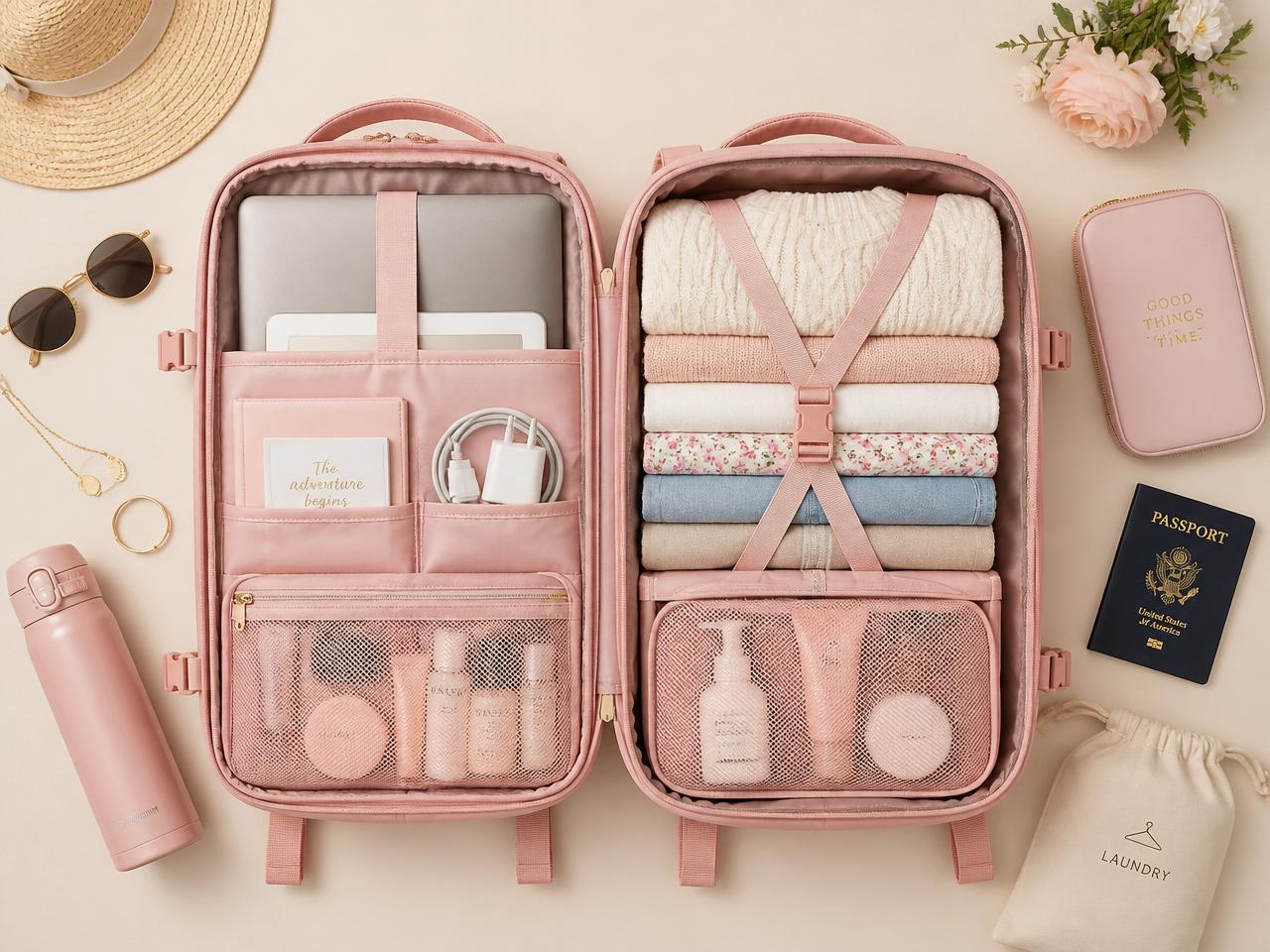 Interior of the LunaPack female travel backpack with organized clothes and essentials